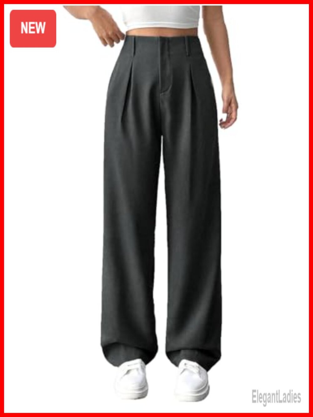 High Waisted Wide Leg Pleated Tailored Trousers with Pockets Business Casual